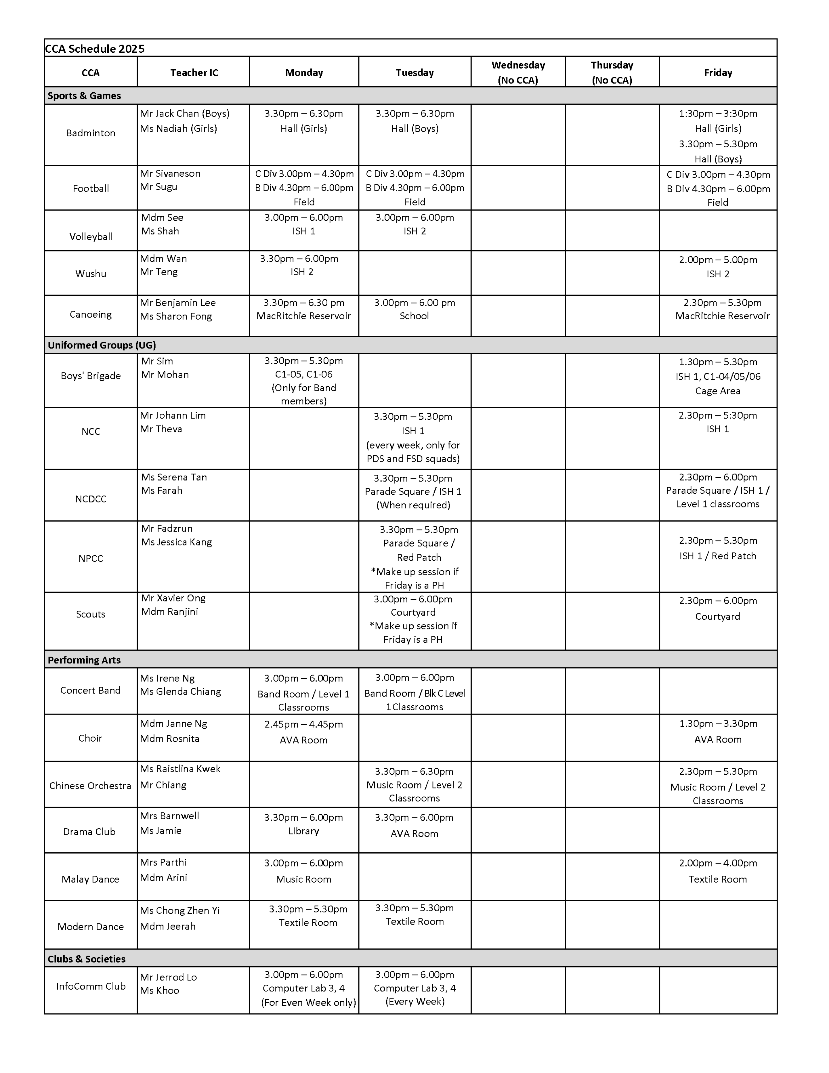 CCA Schedule